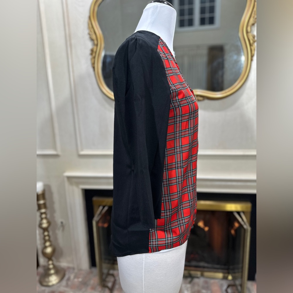 Express Top Small Red Plaid Zip‎ Front 3/4 Sleeve Career Office - Picture 5 of 9